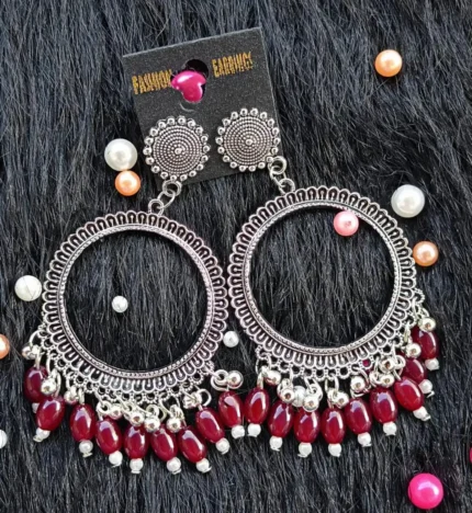 Silver Jhumka Red Wine Beaded Round Bezel Pendant | Handmade Epoxy Resin Jewelry