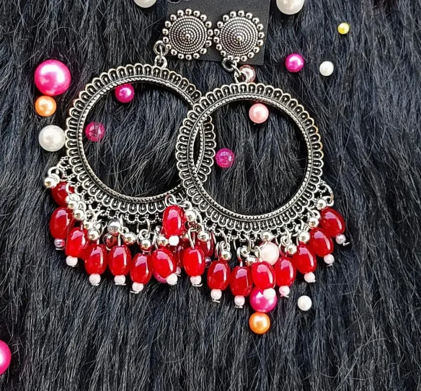 Silver Jhumka Red Beaded Round Bezel Pendant | Handmade Epoxy Resin Jewelry