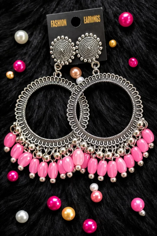 Pink Beaded Silver Jhumka Earrings – Round Bezel Design | Epoxy Art India