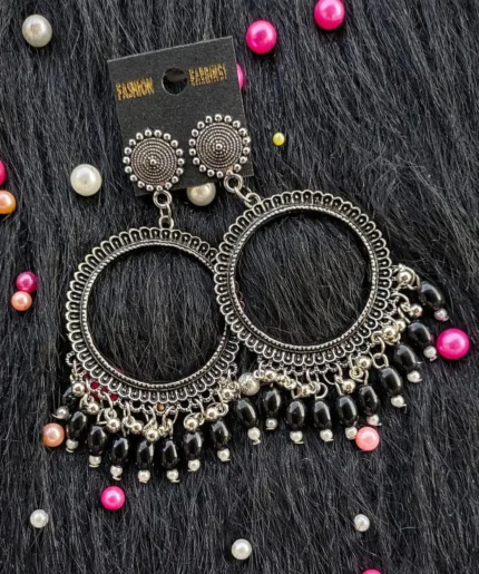 Silver Jhumka Black Beaded Round Bezel Pendant | Handmade Epoxy Resin Jewelry