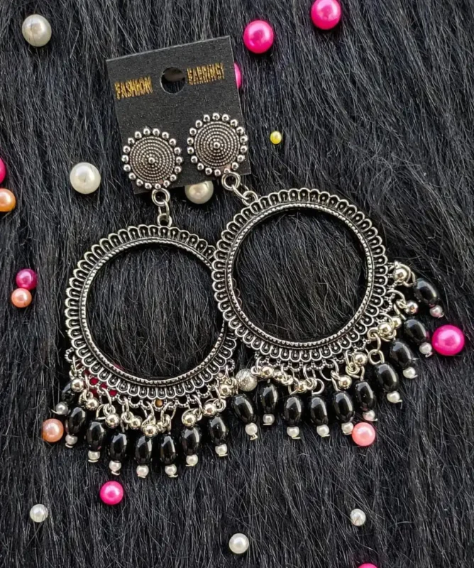 Silver Jhumka Black Beaded Round Bezel Pendant | Handmade Epoxy Resin Jewelry