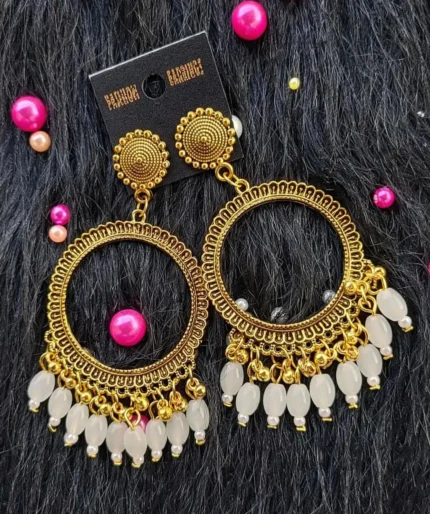 Golden Jhumka White Beaded Round Bezel Pendant | Handmade Epoxy Resin Jewelry