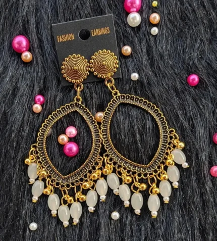 Golden Jhumka White Beaded Eye Shape Bezel Pendant | Handmade Epoxy Resin Jewelry