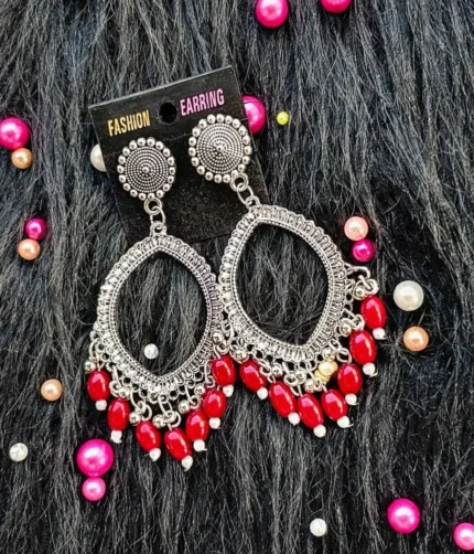 Silver Jhumka Red Beaded Eye Shape Bezel Pendant | Handmade Epoxy Resin Jewelry