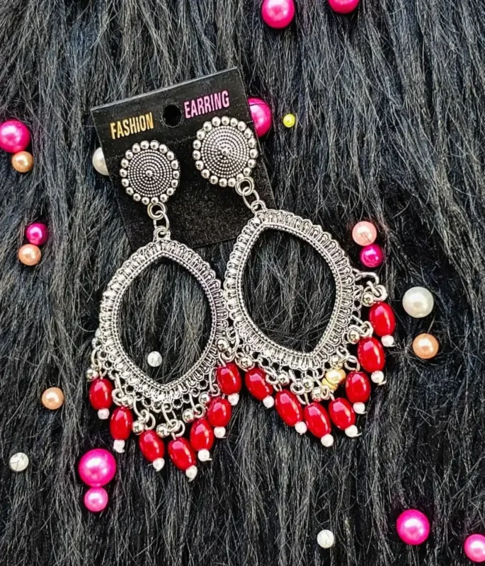 Silver Jhumka Red Beaded Eye Shape Bezel Pendant | Handmade Epoxy Resin Jewelry