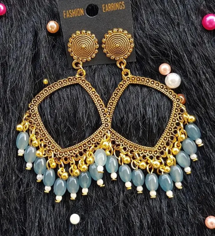 Golden Jhumka Marble Blue Beaded Square Pendant | Epoxy Resin Jewelry | Handmade Jhumka