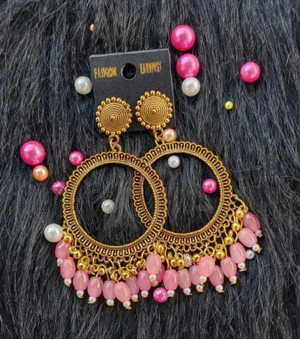 Golden Jhumka Pink Beaded Round Bezel Pendant | Handmade Epoxy Resin Jewelry