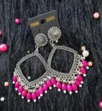 Silver Jhumka Magenta Beaded Square Bezel Pendant | Handmade Epoxy Resin Jewelry