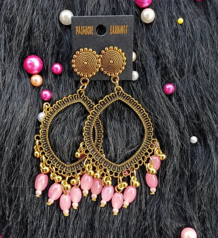 Golden Jhumka Pink Beaded Eye Shape Bezel Pendant | Handmade Epoxy Resin Jewelry